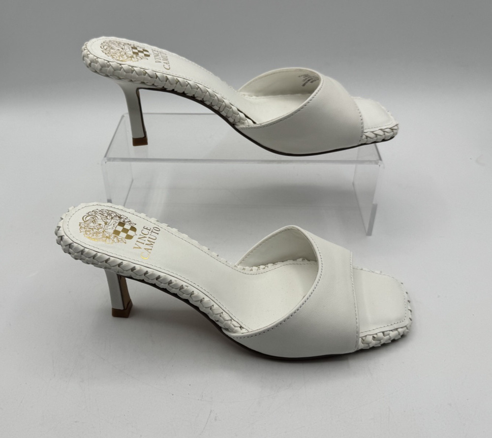 Vince Camuto Emmla Slide Sandal, White Leather NEW Size 6.5, Kitten Heel NIB
